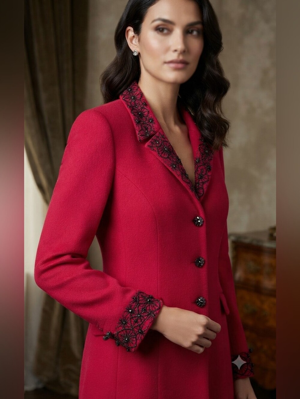 St. John Evening Marie Gray Red Knit Embellished Blazer Jacket